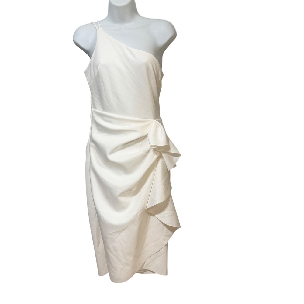 Xscape Womens One Shoulder Ruffle Sheath Dress Ivy White 6789XA Size 4 NWT